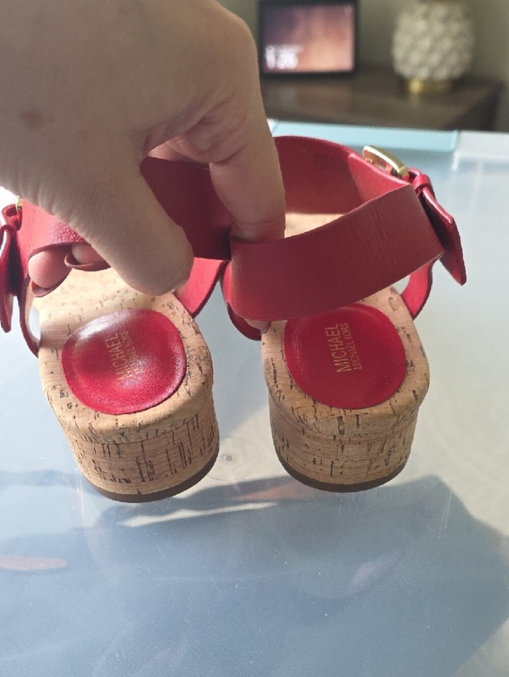 Michael Kors Red Thong Cork Sandals with Gold Buckle Detail - Picture 4 of 5